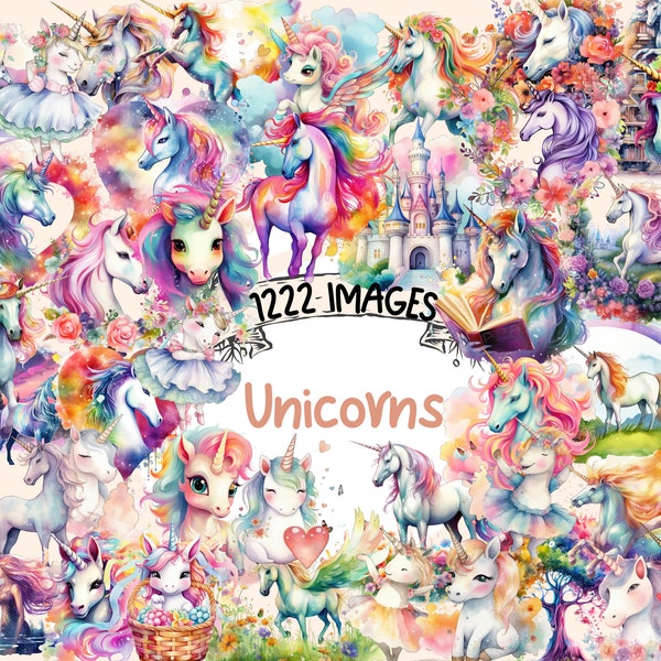 Unicorns Watercolor Clipart Bundle - 1222 PNG Fairytale Cute Unicorn Images, Whimsical Graphics, Instant Digital Download, Commercial Use