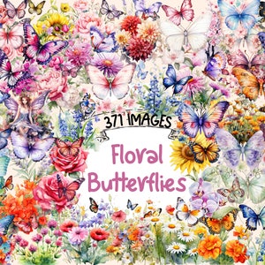 Floral Butterflies Watercolor Clipart Bundle - 371 PNG Butterfly Flowers Images, Spring Graphics, Instant Digital Download, Commercial Use