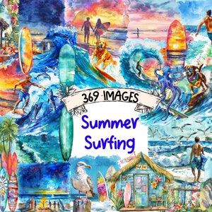 Summer Surfing Watercolor Clipart Bundle - 369 PNG Surfboard Wave Rider Images, Beach Surf Graphics, Instant Digital Download,Commercial Use