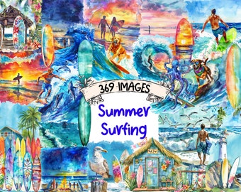 Summer Surfing Watercolor Clipart Bundle: 369 PNG Beach Graphics (Digital Download)