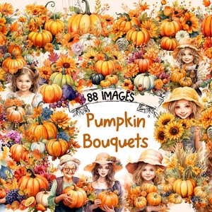K&ouml;nnte beinhalten: Eine digitale Illustration von 88 Bildern mit Aquarell-K&uuml;rbissen, Sonnenblumen und Herbstlaub. Die Bilder zeigen eine Vielzahl von Farben, darunter Orange, Gelb, Braun und Gr&uuml;n. Der Text "Pumpkin Bouquets" ist in der Mitte des Bildes zu sehen.