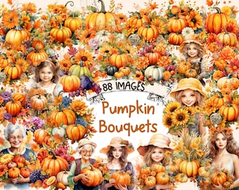 Pumpkin Bouquet Watercolor Clipart: 88 Autumn Floral PNG Images (Digital Download)