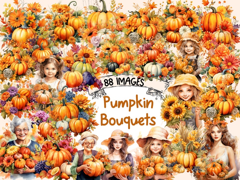 K&ouml;nnte beinhalten: Eine digitale Illustration von 88 Bildern mit Aquarell-K&uuml;rbissen, Sonnenblumen und Herbstlaub. Die Bilder zeigen eine Vielzahl von Farben, darunter Orange, Gelb, Braun und Gr&uuml;n. Der Text "Pumpkin Bouquets" ist in der Mitte des Bildes zu sehen.