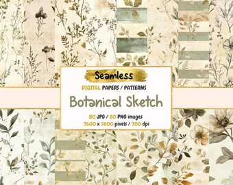 Botanical Sketch Digital Paper: Floral Seamless Patterns (Commercial Use)
