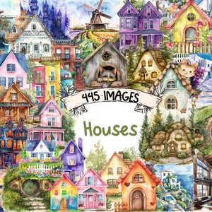 Houses Watercolor Clipart Bundle - 445 PNG Residential Home Images, Cottagecore Building Graphics, Instant Digital Download, Commercial Use