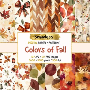 Puede incluir: Un paquete de papel digital con 127 patrones sin costuras con colores y temas otoñales. Los patrones incluyen hojas, calabazas, linternas, lazos y diseños geométricos. El texto "Seamless", "Digital Papers/Patterns", "Colors of Fall", "127 JPG/127 PNG images", y "3600 x 3600 pixels/300 dpi" está incluido en la imagen.