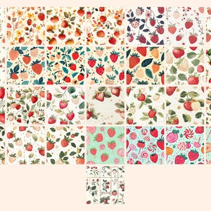 May include: A digital paper pack with 25 different seamless patterns featuring strawberries and candy. The patterns are in a watercolor style with a white background.