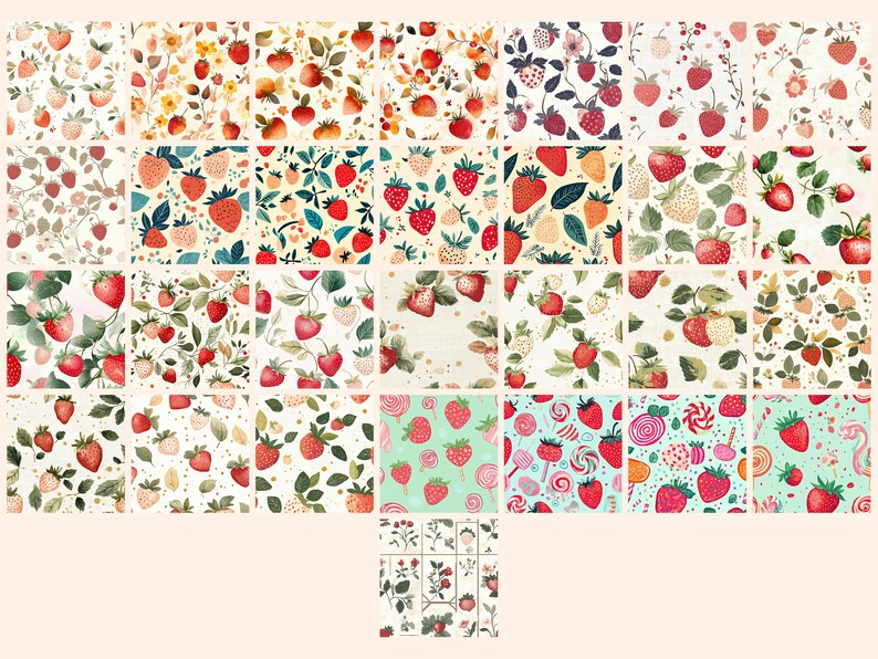 May include: A digital paper pack with 25 different seamless patterns featuring strawberries and candy. The patterns are in a watercolor style with a white background.