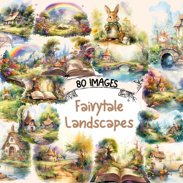 Sprookjesachtige landschappen aquarel clipart bundel - 80 PNG magische beelden, betoverende fantasie graphics, instant digitale download, commercieel gebruik