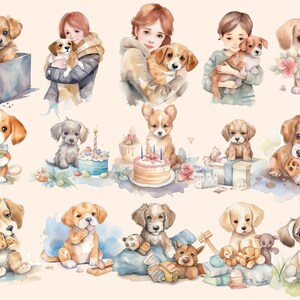 May include: Watercolor illustration of a variety of adorable puppies in different poses, some with children. The puppies are all brown, white, and black with cute expressions. The illustration is perfect for a dog lover's home decor.