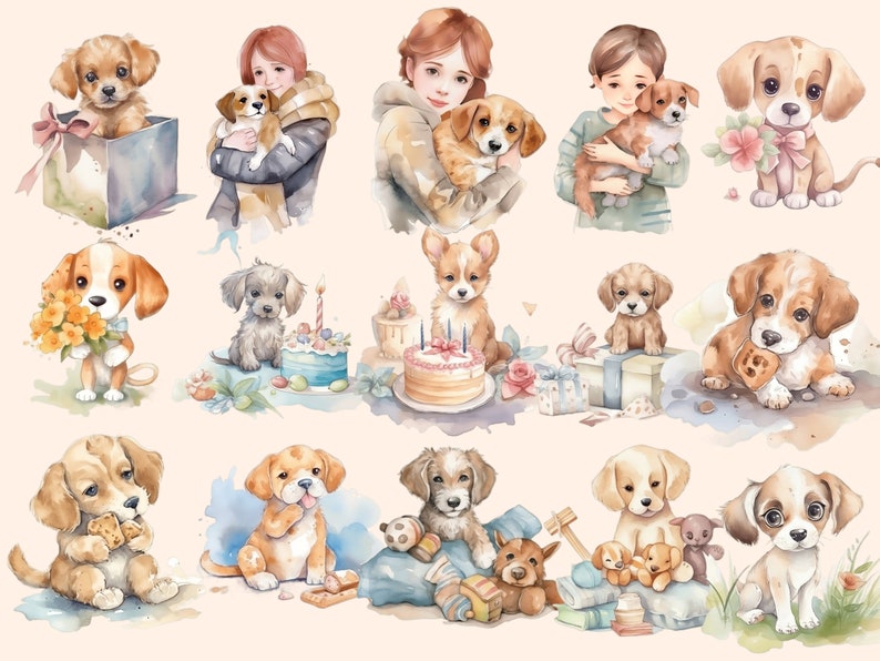 May include: Watercolor illustration of a variety of adorable puppies in different poses, some with children. The puppies are all brown, white, and black with cute expressions. The illustration is perfect for a dog lover's home decor.