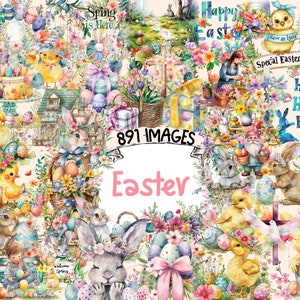 Easter Watercolor Clipart Bundle - 891 PNG Easter Bunny Images, Delightful Spring Holiday Graphics, Instant Digital Download, Commercial Use