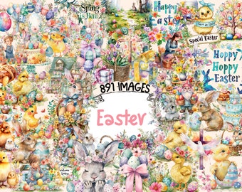 Wielkanocny pakiet akwareli clipart-891 obrazów PNG Easter Bunny, wspaniała wiosenna grafika świąteczna, natychmiastowe pobieranie cyfrowe, użytek komercyjny