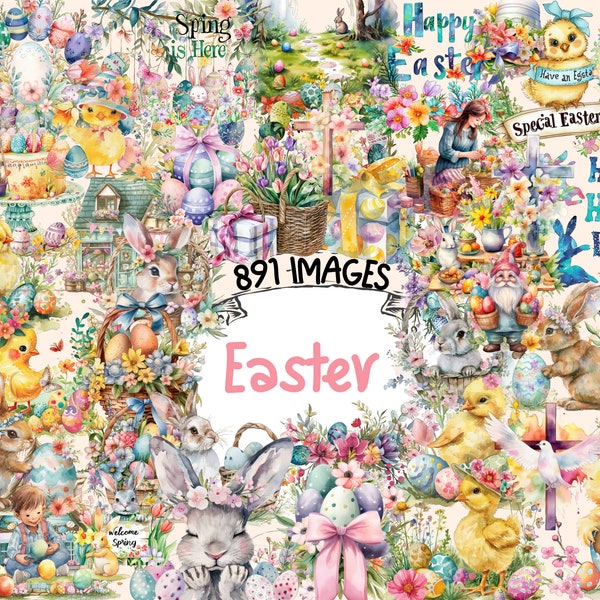 Wielkanocny pakiet akwareli clipart-891 obrazów PNG Easter Bunny, wspaniała wiosenna grafika świąteczna, natychmiastowe pobieranie cyfrowe, użytek komercyjny