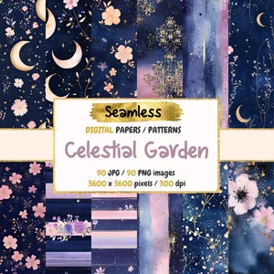 Celestial Garden Seamless Pattern Digital Papers - Starry Floral Textures,Dreamy Printable Paper Backgrounds,Instant Download,Commercial Use