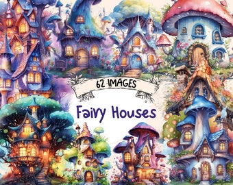 Watercolor Fairy Houses Clipart Bundle: 63 Fantasy Illustrations (PNG Digital Download)