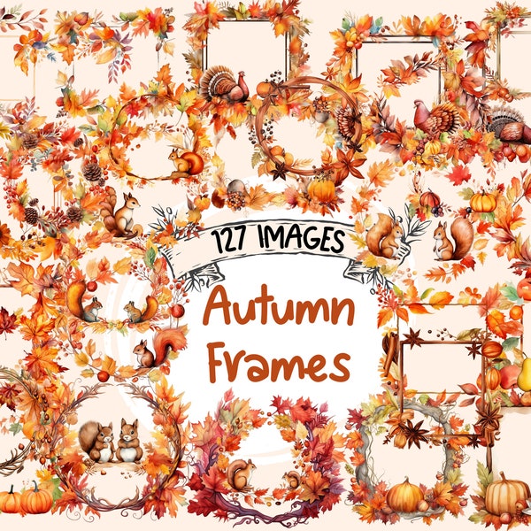 Autumn Frames Aquarelle Clipart Bundle - 127 PNG Fall Flowers Frame Images, Floral Border Graphics, Téléchargement numérique instantané, Utilisation commerciale