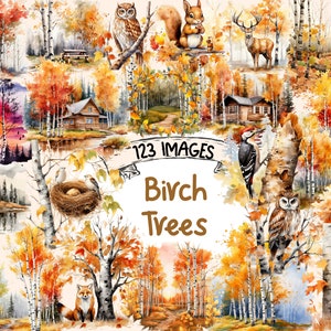 Watercolor Fall Birch Tree Clipart Bundle (123 PNG Images) - Commercial Use
