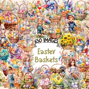 Easter Baskets Watercolor Clipart Bundle - 650 PNG Floral Egg Basket Images, Happy Festive Graphics, Instant Digital Download,Commercial Use