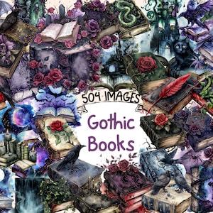 Gothic Books Watercolor Clipart Bundle - 504 PNG Mysterious Tome Images, Dark Literary Graphics, Instant Digital Download, Commercial Use