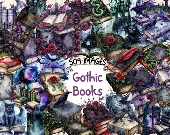 Gothic Books Watercolor Clipart Bundle: 504 Dark Tome PNG Images (Digital Download)