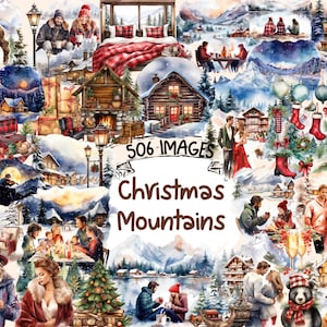 Christmas Mountains Watercolor Clipart Bundle - 506 PNG Festive Mountain Images, Holiday Graphics, Instant Digital Download, Commercial Use