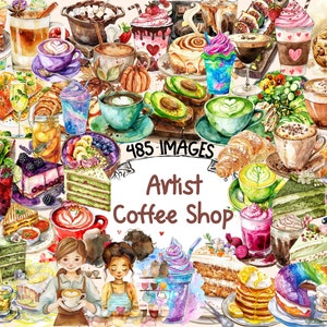 Artist Coffee Shop Watercolor Clipart Bundle - 485 PNG Creative Cafe Images, Coffeehouse Graphics, Instant Digital Download, Commercial Use