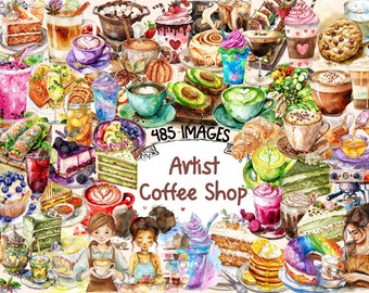 Watercolor Coffee Shop Clipart Bundle: 485 PNG Cafe Graphics (Digital Download)