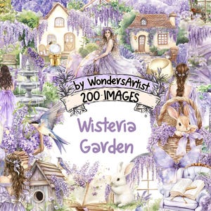 Wisteria Garden Watercolor Clipart - 200 PNG Elegant Floral Graphics, Hanging Bloom Illustrations, Instant Digital Download, Commercial Use