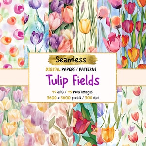 Papiers numériques motif champs de tulipes - Textures florales vibrantes, arrière-plans en papier imprimable printanier, téléchargement immédiat, usage commercial