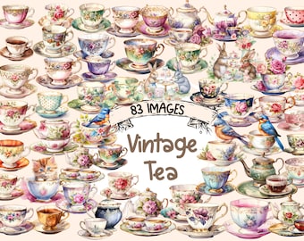 Vintage Teacup Clipart Bundle: 83 Watercolor Tea Party Graphics (Digital Download)