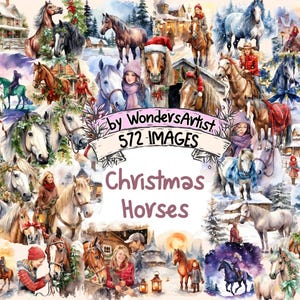 Christmas Horses Watercolor Clipart Bundle - 572 PNG Festive Horse Riding Images, Holiday Graphics, Instant Digital Download, Commercial Use