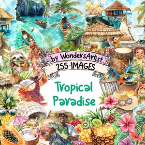 Tropical Paradise Watercolor Clipart - 255 PNG Exotic Beach Graphics, Summer Island Illustrations, Instant Digital Download, Commercial Use