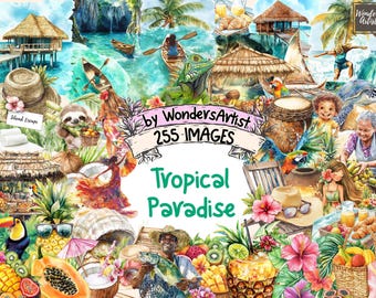 Watercolor Tropical Clipart: 255 PNG Island Graphics (Digital Download)