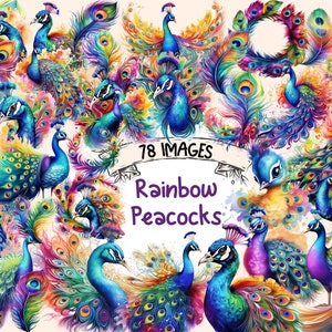 Rainbow Peacocks Watercolor Clipart Bundle - 78 PNG Beautiful Images, Colorful Vibrant Bird Graphics,Instant Digital Download,Commercial Use
