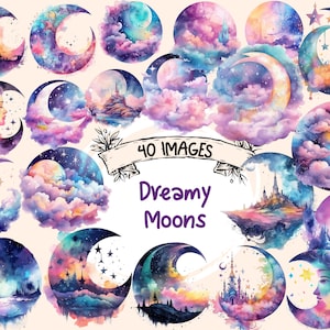 Dreamy Moons Watercolor Clipart Bundle - 40 PNG Images of Fantasy Fairytale Enchanting Moon Art, PNG,Instant Digital Download,Commercial Use