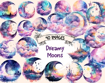 Watercolor Moon Clipart Bundle: 40 Fantasy PNG Images (Commercial Use, Digital Download)