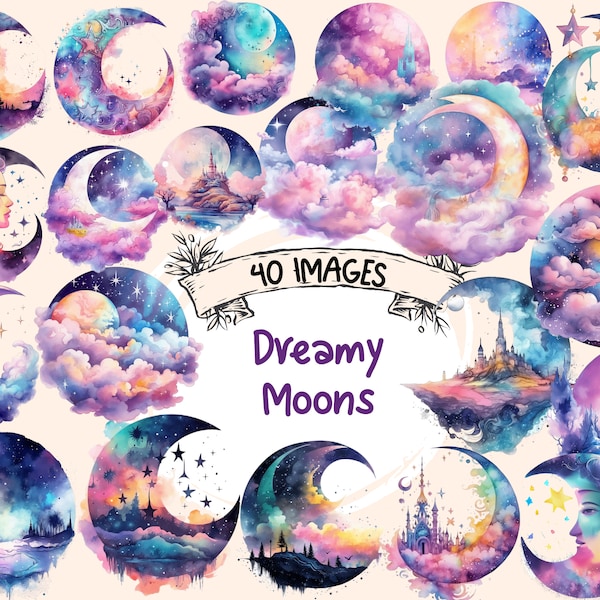 Dreamy Moons Watercolor Clipart Bundle - 40 PNG Images of Fantasy Fairytale Enchanting Moon Art, PNG,Instant Digital Download,Commercial Use