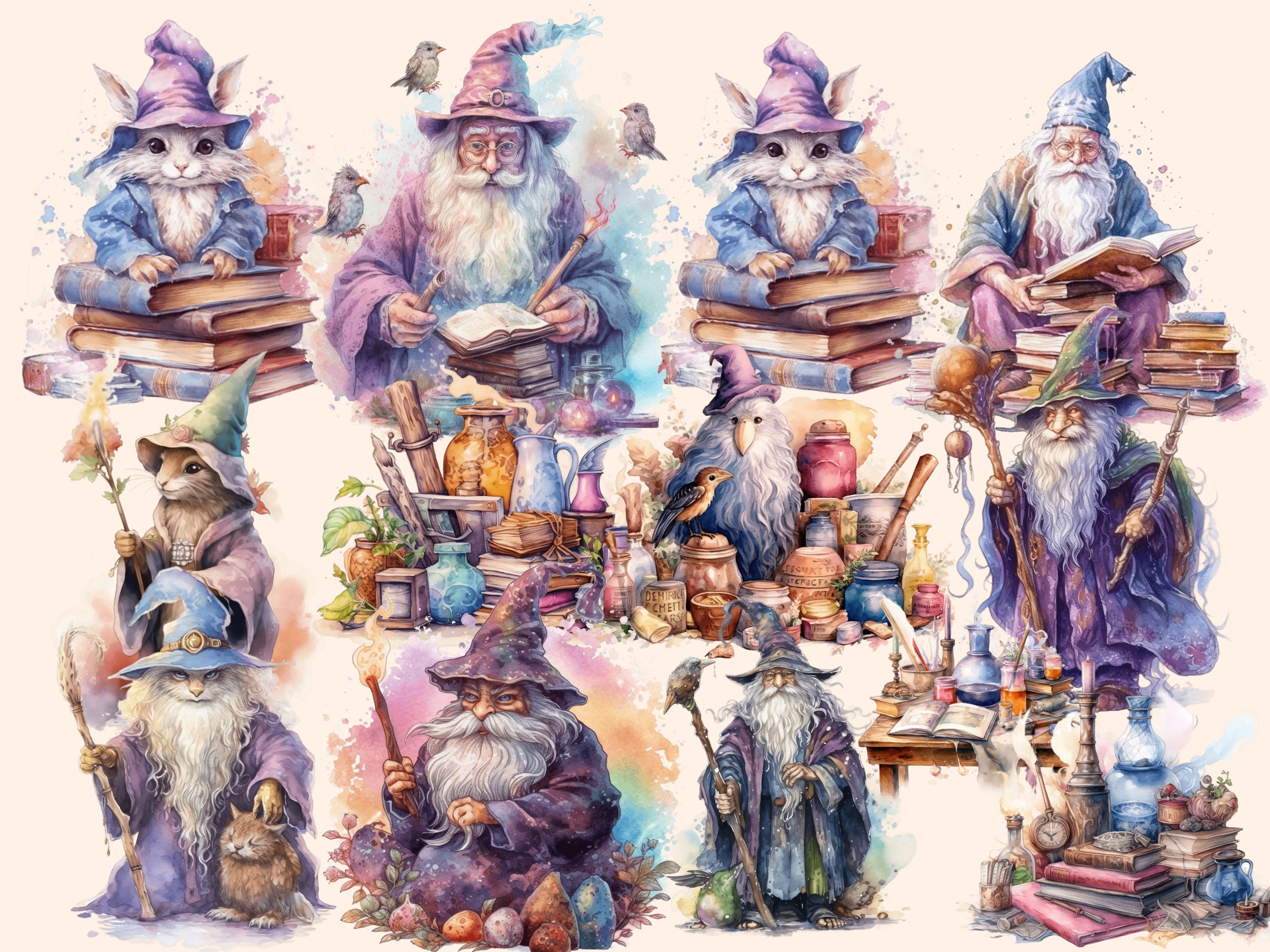 Watercolor Wizards Clipart: 52 Magical Illustrations (PNG Digital ...