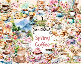 Spring Coffee Watercolor Clipart Bundle - 333 PNG Coffee Cup Images, Spring-Themed Cafe Graphics, Instant Digital Download, Commercial Use