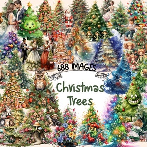 Christmas Trees Watercolor Clipart Bundle - 688 PNG Festive Tree Images, Xmas Holiday Decor Graphics,Instant Digital Download,Commercial Use