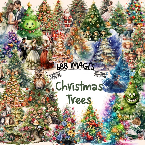 Christmas Trees Watercolor Clipart Bundle - 688 PNG Festive Tree Images, Xmas Holiday Decor Graphics,Instant Digital Download,Commercial Use