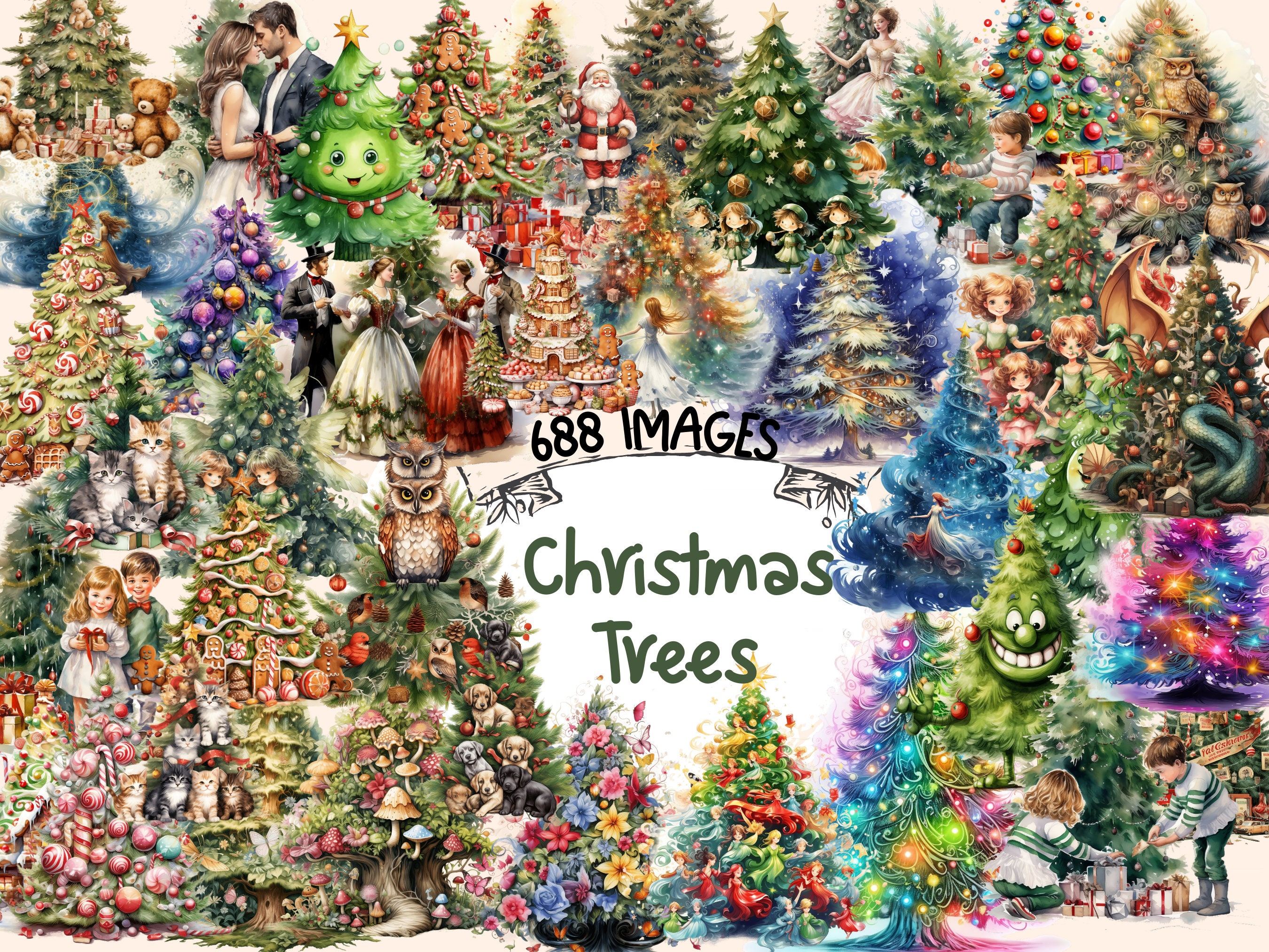 Watercolor Christmas Trees Clipart Bundle: 688 PNG Festive Images (Digital Download)