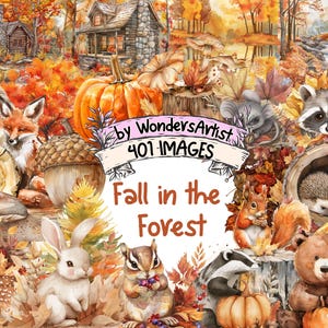 Fall in the Forest Watercolor Clipart Bundle - 401 PNG Autumn Woodland Scenes, Cozy Animal Graphics, Instant Digital Download,Commercial Use