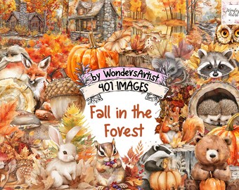 Op de afbeelding: Een aquarel-illustratie van een herfstbos scène met verschillende dieren, waaronder een vos, een eekhoorn, een konijn, een wasbeer, een egel, een das en een uil. De illustratie toont een verscheidenheid aan herfstkleuren, waaronder rood, oranje, geel en bruin. De tekst "Fall in the Forest" is in het midden van de afbeelding geschreven.