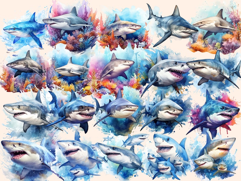 Shark Watercolor Clipart Bundle: 151 PNG Images (Commercial Use) (Digital Download) bild 5