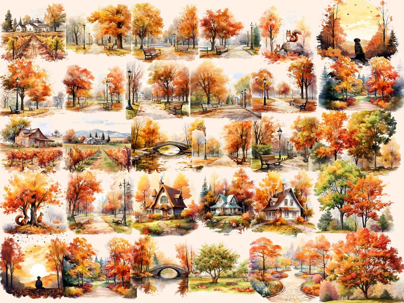 Autumn landscape with golden-hued trees and serene lake clipart.
Country road surrounded by colorful fall foliage.
Vibrant autumn leaves against a clear blue sky.
Cozy cabin nestled in an autumn forest.
Rustic wooden bridge over a tranquil stream.