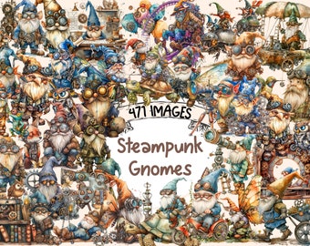 Steampunk Gnomes Watercolor Clipart Bundle: 471 PNG Images (Commercial Use) (Digital Download)