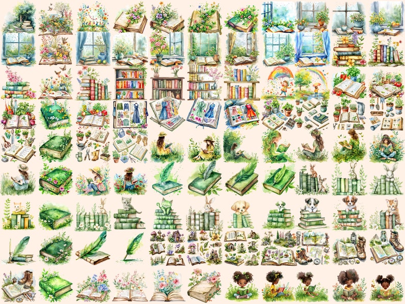 Spring Book Vector Spring Books Watercolor Clipart Bundle: 320 PNG Images (digital ...