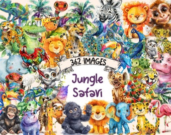 Jungle Safari Watercolor Clipart: 362 Wild Animal PNG Images (Digital Download)